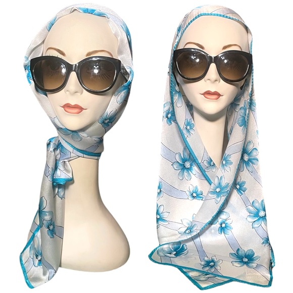 100% Silk Scarf - ELAINE GOLD for Collection XIIX - Blue White Floral 53” x 10” - Picture 4 of 13